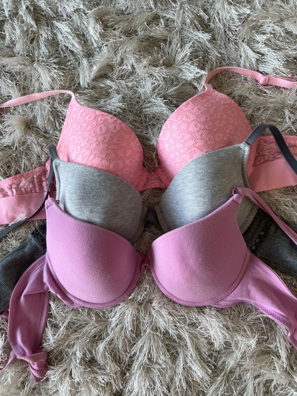 (3) Women’s Lace & T-Shirt Bra Pack — Pink and Gray size 36A by Cabernet, VS &SO